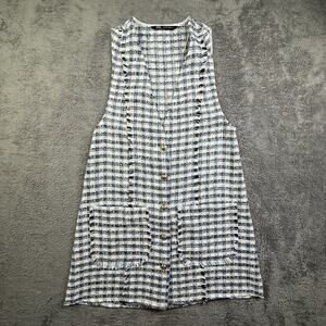 Zara Textured Tweed Dress Frayed Hem Blue White Womens XS Button Front